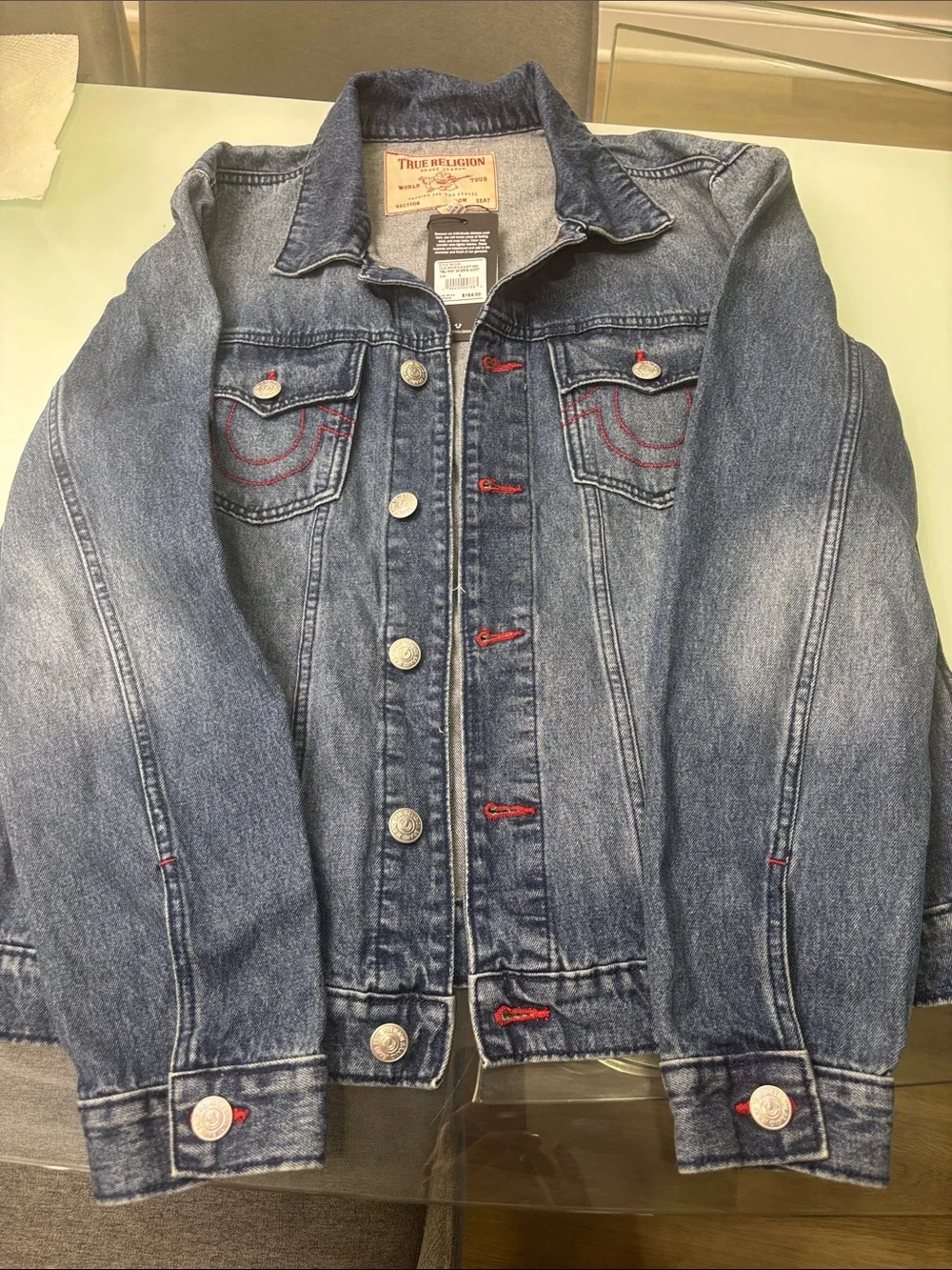 True Religion Denim Jacket in Medium Blue with Red Stitching large